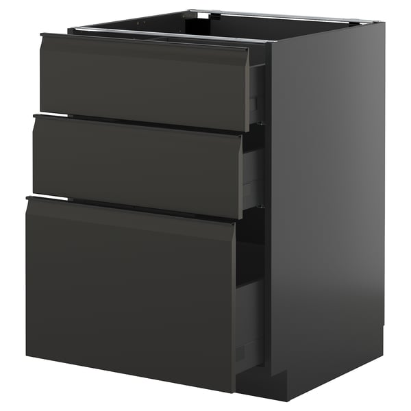 Moderno mueble de cocina negro con tres elegantes cajones, acabado brillante y manijas integradas.