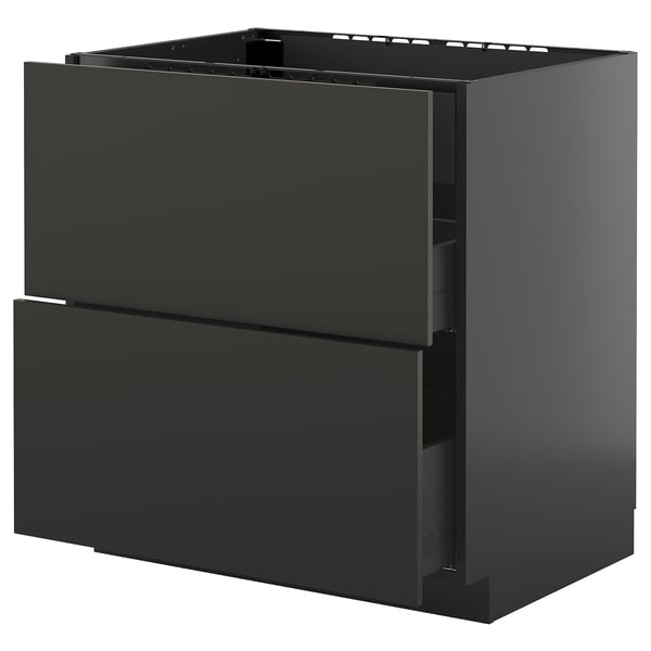 Un mueble de cocina METOD negro con dos cajones de cierre automático. Tiene un acabado moderno y brillante y una forma rectangular.