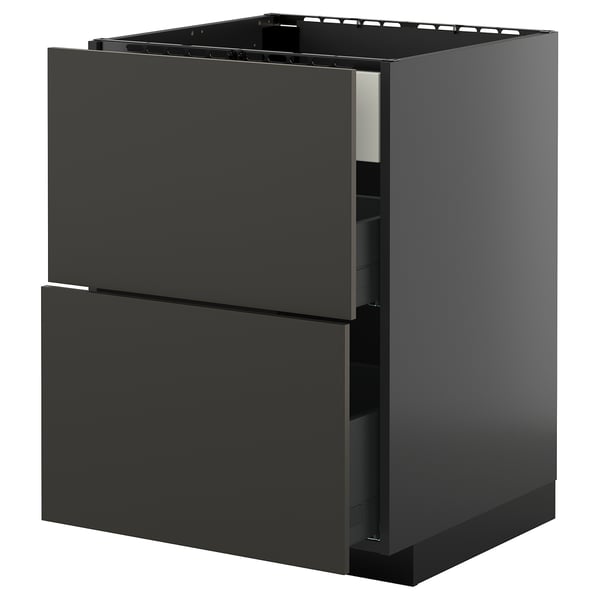 Un mueble de cocina METOD de IKEA en negro mate con dos cajones. Es rectangular y está fabricado en tablero de partículas con un acabado brillante.