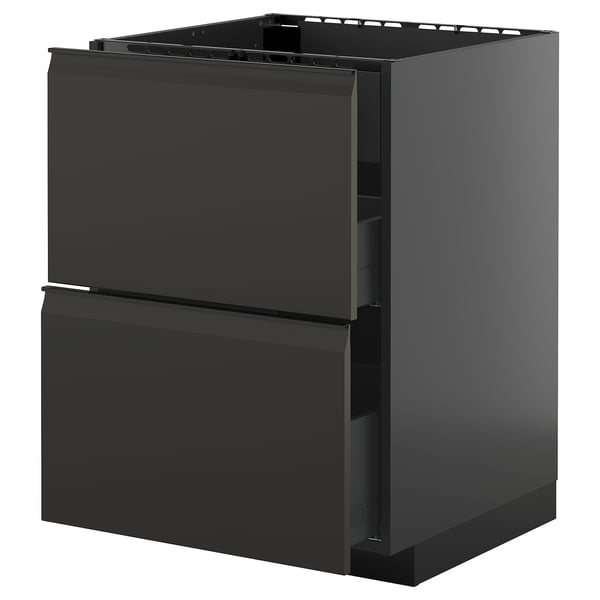 Mueble de cocina moderno negro con dos cajones, acabado brillante, bordes elegantes y manijas integradas.