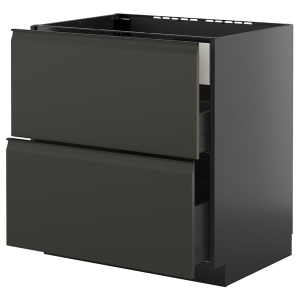 Gabinete de cocina negro moderno con dos cajones, diseño elegante, marco resistente y guías lisas.