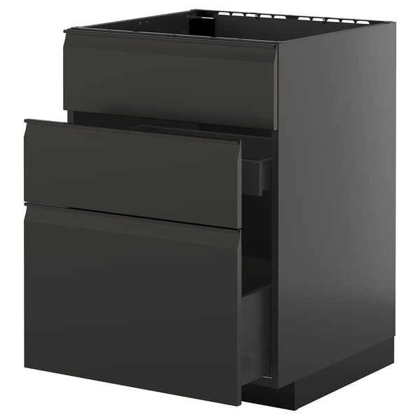 Moderno mueble de cocina negro con frentes de tres cajones, acabado elegante y brillante.