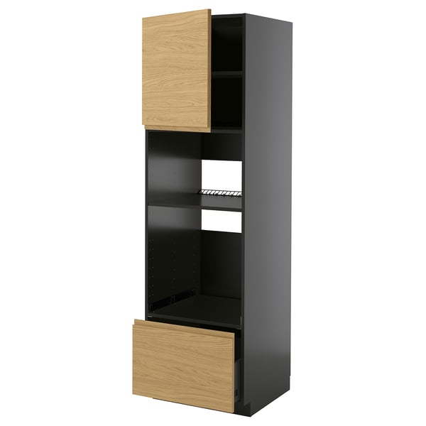 METOD / KNIVSHULT Mueble alto para electrodom. integ., negro-gris/Voxtorp efecto roble, 60x60x200 cm