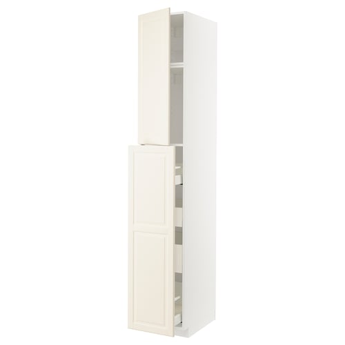 Mueble de cocina METOD blanco roto con forma alta y rectangular y bordes biselados.