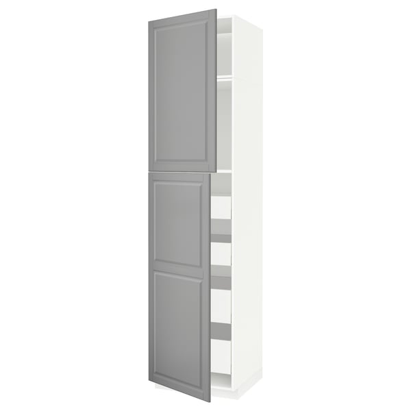 Mueble de cocina METOD: blanco y gris, alto, 2 puertas, 4 estantes, bordes biselados.