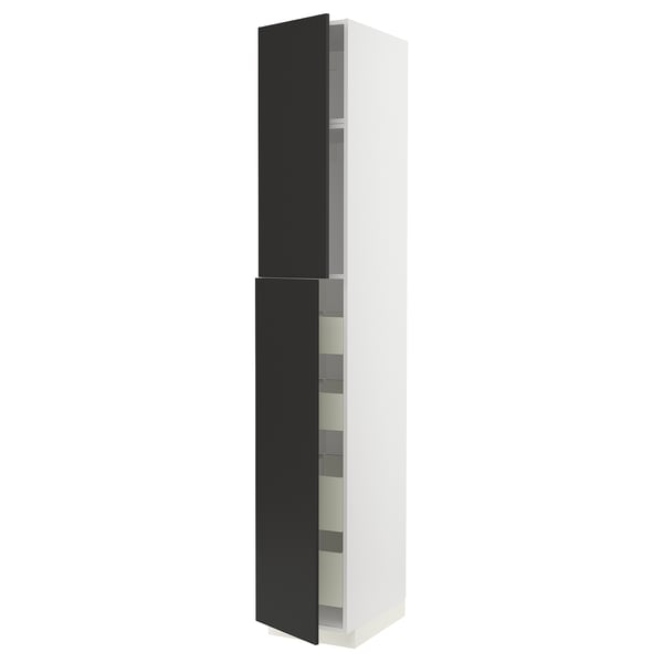 Un moderno mueble de cocina METOD en blanco y negro con cajones totalmente extensibles. Tiene un diseño elegante con un marco resistente y un acabado suave.