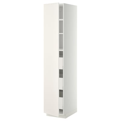 Un mueble de cocina METOD blanco con un diseño elegante y moderno. El armario está en posición vertical y cuenta con varios estantes y un cajón de cierre suave.