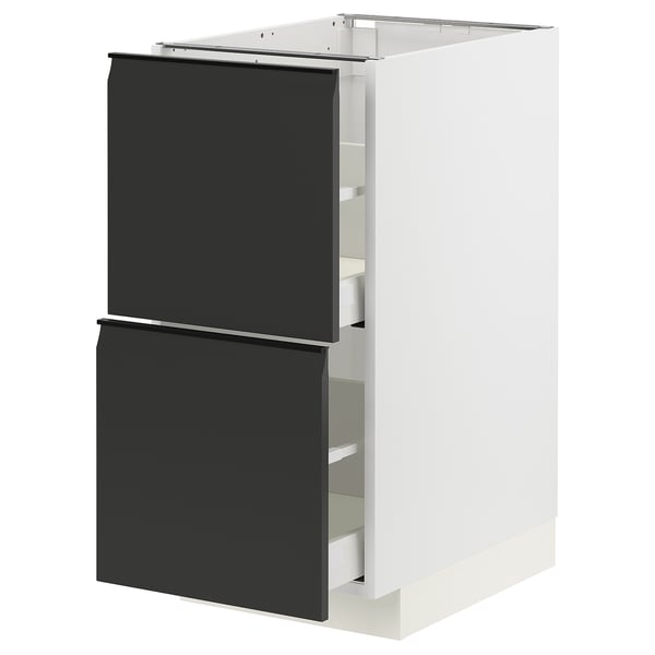 Mueble de cocina METOD con cajones upplöv negro mate, base blanca, diseño vertical.