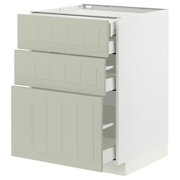 Mueble de cocina METOD en color verde con tres cajones, marco blanco.