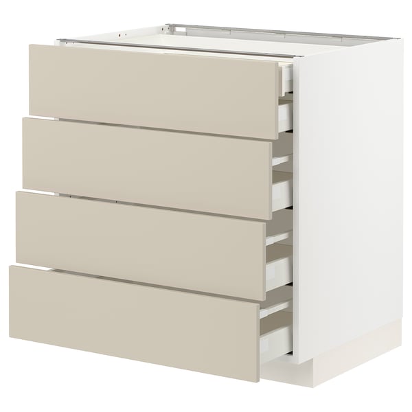 Mueble de cocina moderno METOD con cuatro cajones beige, tablero de fibra y pintura acrílica, diseño limpio.