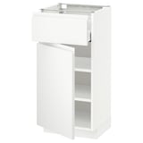 Mueble de cocina METOD blanco con cajón abierto y estante.