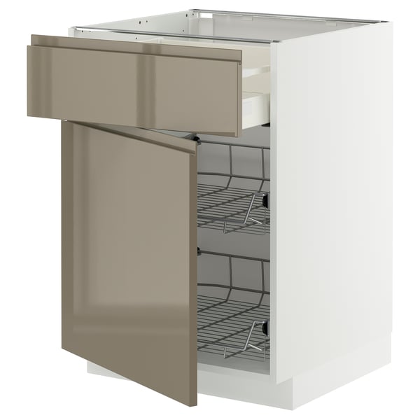 Mueble de cocina METOD en blanco con cajones beige, estantes de acero inoxidable, diseño elegante, 3 compartimentos.