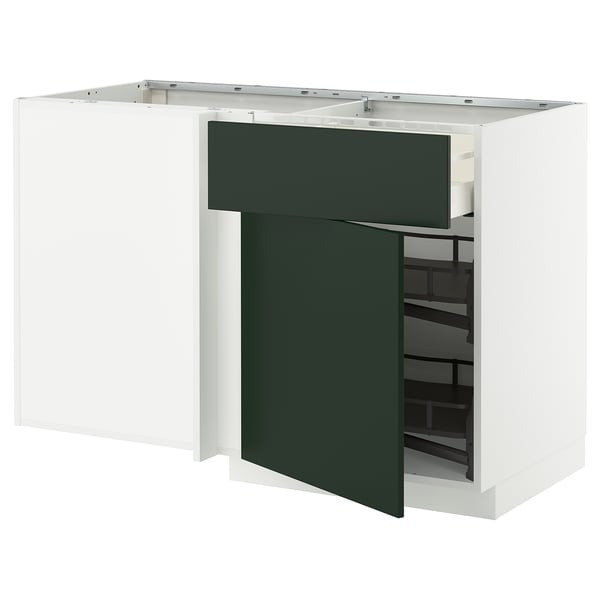 Mueble de cocina moderno con puertas verdes. Marco blanco, forma cuadrada y bordes.
