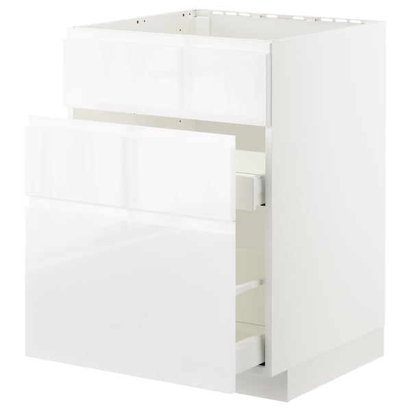 Mueble de cocina blanco de alto brillo con cajón liso, diseño moderno.