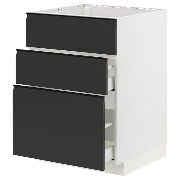 Un mueble de cocina moderno blanco con tres cajones negros. Los cajones tienen un diseño elegante y minimalista con asas integradas y superficies lisas.