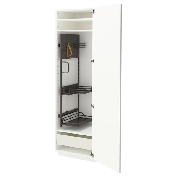 Mueble de cocina abierto blanco con estantes extraíbles y perchero.
