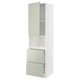 Mueble de cocina METOD en verde con estantes blancos, cajones y un elegante panel de diseño de madera.