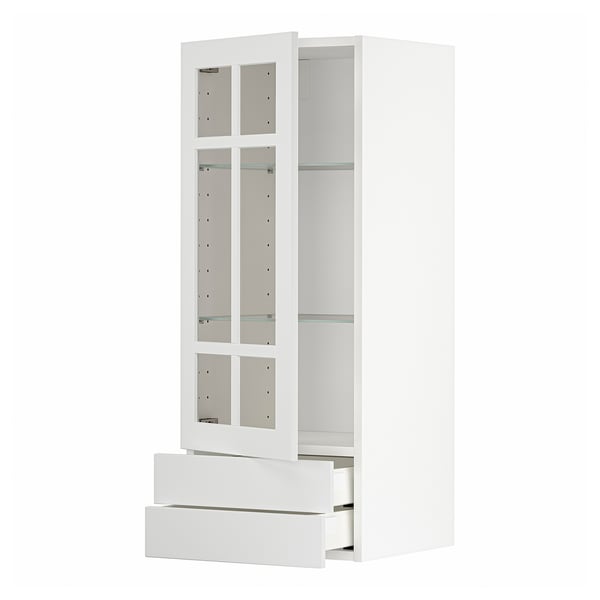 Mueble de cocina METOD blanco moderno con puertas y cajones de vidrio, diseño elegante y minimalista.