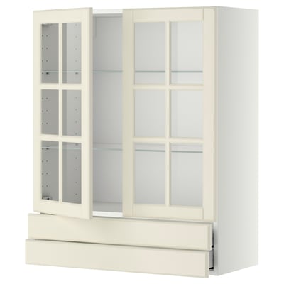 Mueble de cocina METOD, color crema, puertas de cristal, estantes ajustables, cajones de cierre suave.