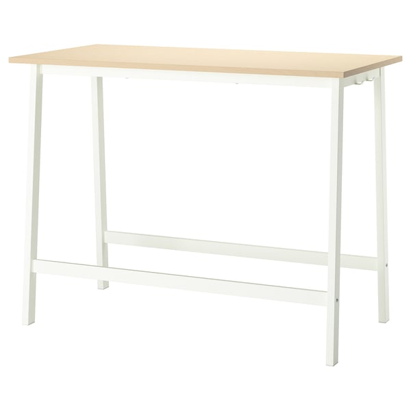 Mesa de conferencia alta MITTZON en madera clara y blanco, de forma rectangular con patas metálicas y reposapiés para estar de pie.
