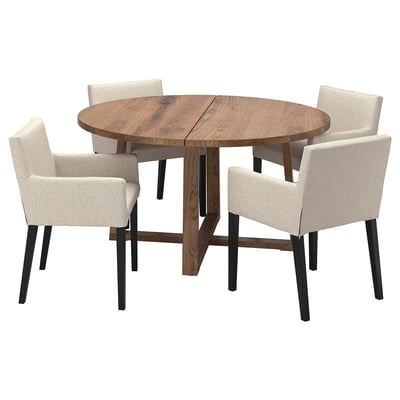 MÖRBYLÅNGA / MÅRENÄS Mesa y 4 sillas con reposabrazos, chapa roble tinte marrón/negro Gunnared beige, 145 cm