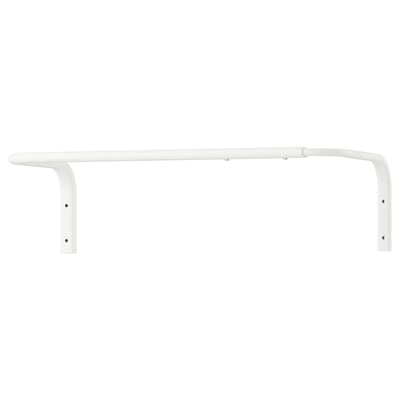 Una barra de pared metálica ajustable MULIG blanca. Es rectangular, hecho de acero con un recubrimiento en polvo. Ideal para un uso versátil, incluso en baños.