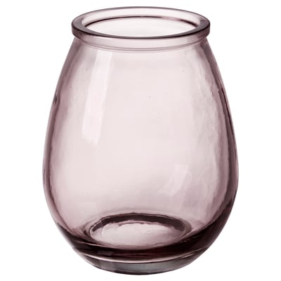 Jarrón de vidrio reciclado, gris, redondeado, con burbujas de aire, base estable.