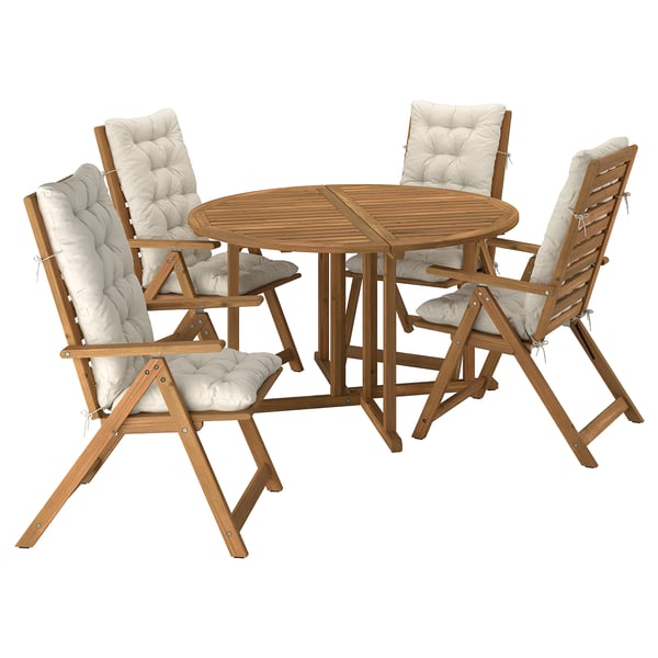 NÄMMARÖ Mesa con 4 sillas reclinables, tinte marrón claro/Kuddarna beige grisáceo claro, 130 cm