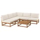 NÄMMARÖ seccional de exterior, cojines beige sobre madera de acacia marrón claro, forma de esquina con mesa de centro.