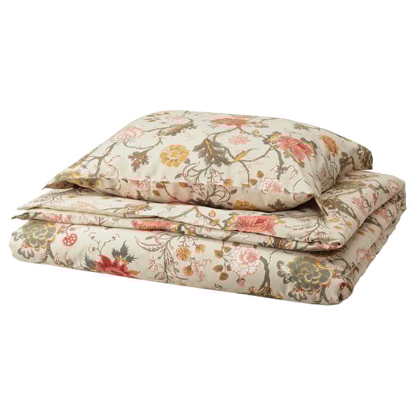 Juego de cama floral beige-gris, algodón-viscosa.