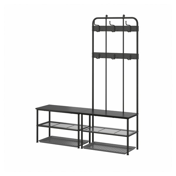 Perchero de metal negro con banco y guardazapatos. Tres niveles, ganchos y estantes de malla. Diseño industrial moderno.