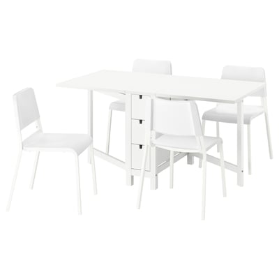Mesa de comedor extensible NORDEN blanca con 4 sillas apilables, diseño moderno.