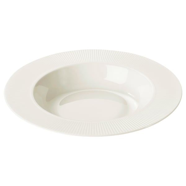 La placa profunda OFANTLIGT es blanca, está hecha de porcelana duradera y tiene un diseño de borde redondeado y texturizado.