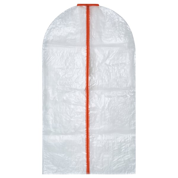 Una funda blanca PÄRKLA, ligeramente transparente, con una cremallera roja para proteger las prendas del polvo.