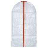 Una funda blanca PÄRKLA, ligeramente transparente, con una cremallera roja para proteger las prendas del polvo.