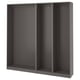 Un marco de armario modular vacío, gris oscuro, llamado PAX, con tres secciones, diseñado para un almacenamiento eficiente.