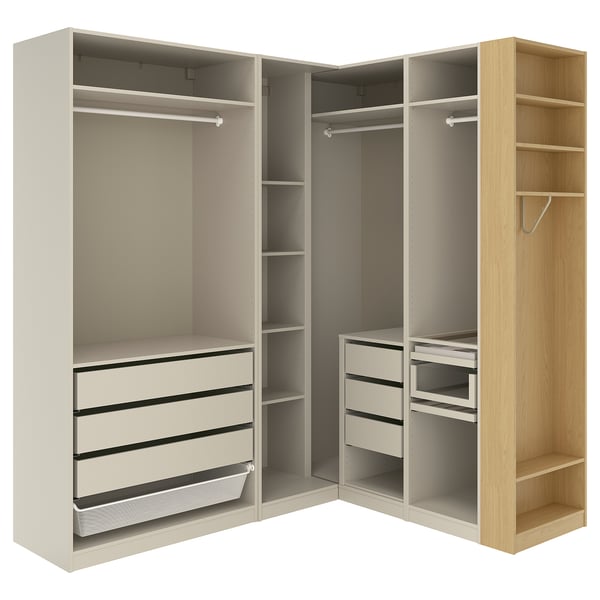 PAX Armario esquinero, beige grisáceo/beige grisáceo chapa roble, 210/180x236 cm