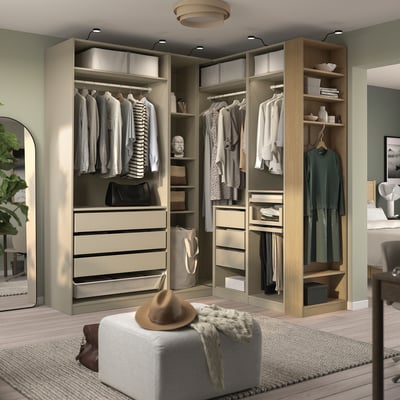 PAX Armario esquinero, beige grisáceo/beige grisáceo chapa roble, 231/161x236 cm
