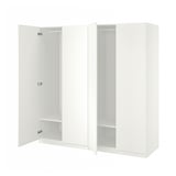 Armario blanco de ikea PAX con puertas abiertas que muestran estanterías vacías.