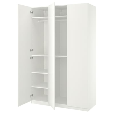 Armario PAX blanco de ikea con puertas abiertas, estantes blancos, bisagras y diseño minimalista.