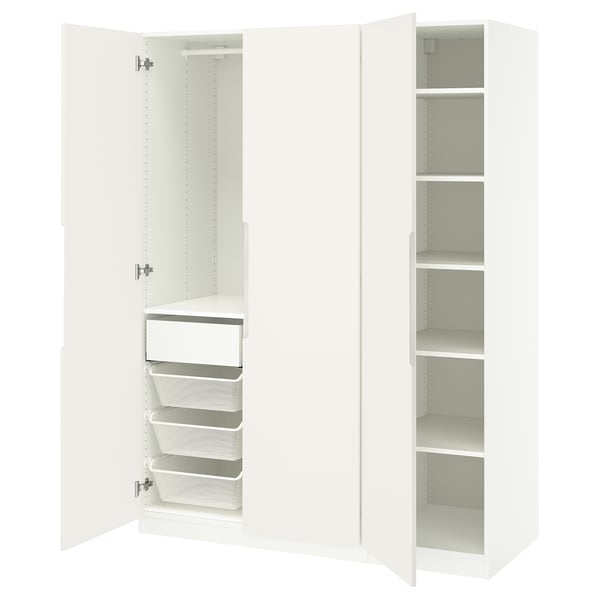 Armario PAX blanco con puertas abiertas, cestas de malla, estanterías.