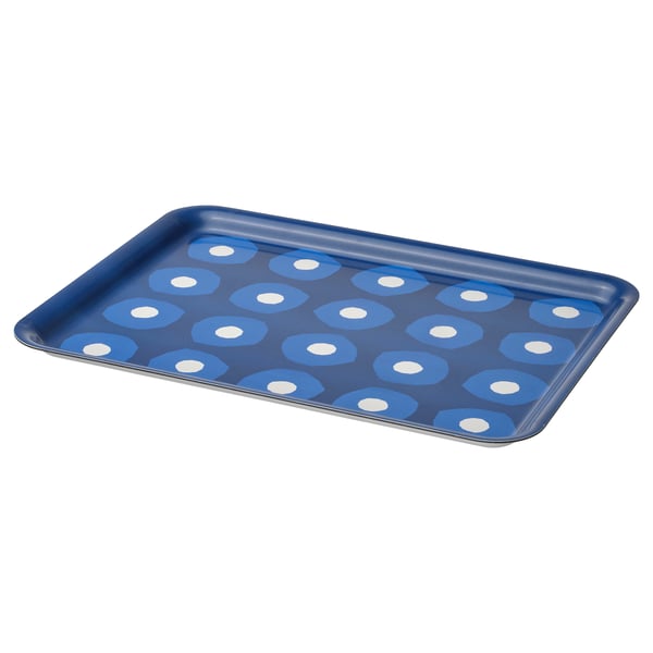Bandeja rectangular estampada en color azul con puntos blancos, fabricada en laminado de melamina de alta presión.