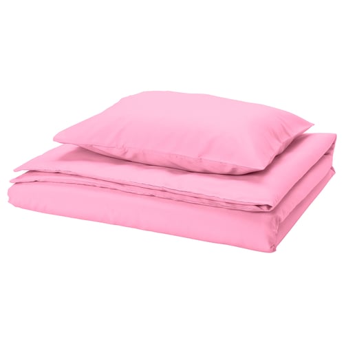 Juego de sábanas de color rosa brillante, liso y sin arrugas, cuidadosamente doblado con funda de almohada en la parte superior.