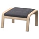 Reposapiés POÄNG, madera clara, cojín gris oscuro, diseño curvo, acogedor y elegante.