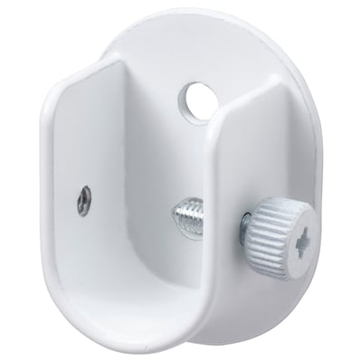 Soporte de pared de metal blanco con dos tornillos, un orificio circular y un recorte semicircular, utilizado para colgar cortinas.