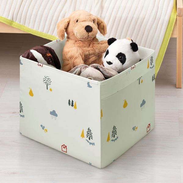 Caja de juguetes verde, compatible con kallax, diseño de bosque suave.