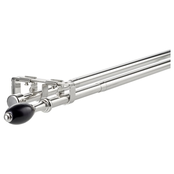 Juego de barras de cortina dobles, plateadas con extremos negros, piezas de acero y plástico. Diseño moderno y minimalista.