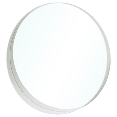 Un espejo redondo ROTSUND con un marco delgado. Es blanco y está diseñado para el montaje en la pared, con un pequeño estante en la parte inferior para mayor comodidad.