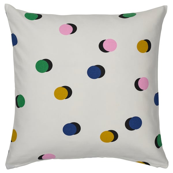 Almohada RUNDKRASSING, blanca con puntos rosas, azules, verdes y amarillos, algodón.
