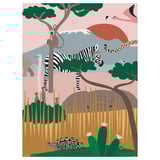 Póster ilustrado de la sabana, con cebra, mono, suricatos, flamencos, guepardos y cocodrilos.